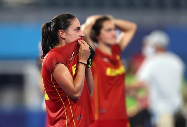 Beatriz Perez Lagunas of Team Spain reacts following a loss in the Women's Quarterfinal match between Spain and Great Britain on day ten of the Tokyo...