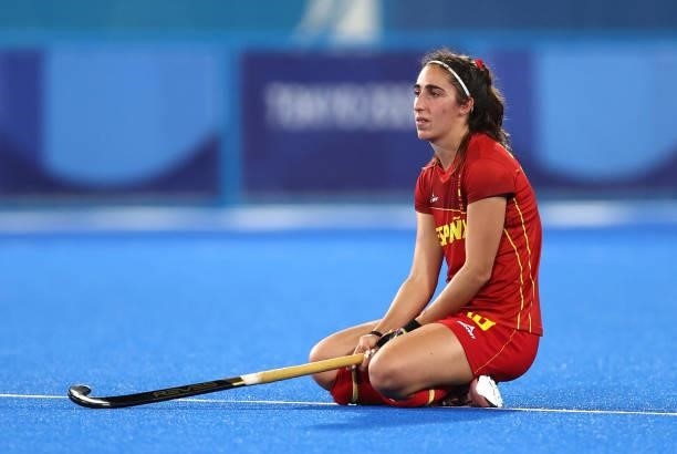 Julia Pons Genesca of Team Spain reacts following a loss in the Women's Quarterfinal match between Spain and Great Britain on day ten of the Tokyo...