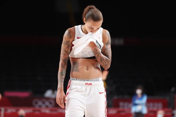 Jazmon Gwathmey of Team Puerto Rico hangs her head in disappointment as she walks off the court following Puerto Rico's loss against Australia in a...