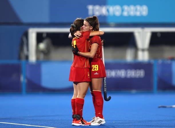 Clara Ycart Canal and Lucia Jimenez Vicente of Team Spain embrace following a loss in the Women's Quarterfinal match between Spain and Great Britain...