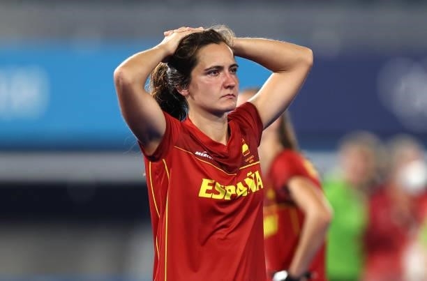 Lola Riera Zuzuarregui of Team Spain reacts following a loss in the Women's Quarterfinal match between Spain and Great Britain on day ten of the...