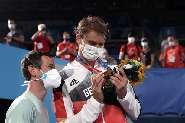 Gold medalist Alexander Zverev of Team Germany poses on the podium during the medal ceremony for Tennis Men's Singles on day nine of the Tokyo 2020...