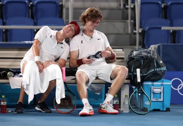 Anastasia Pavlyuchenkova of Team ROC and Andrey Rublev of Team ROC celebrate victory after their Mixed Doubles Gold Medal match against Elena Vesnina...