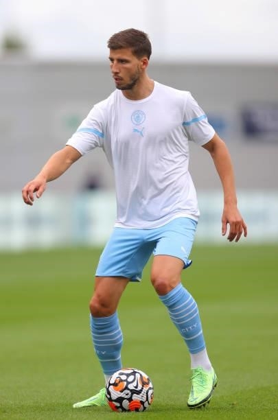Ruben Dias of Manchester City during a warm up prior to the pre-season friendly match between Manchester City and Barnsley at Manchester City...