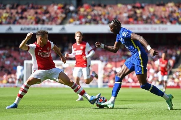 Tammy Abraham of Chelsea is challenged by Granit Xhaka of Arsenal during The Mind Series Pre-Season Friendly match between Arsenal and Chelsea at...