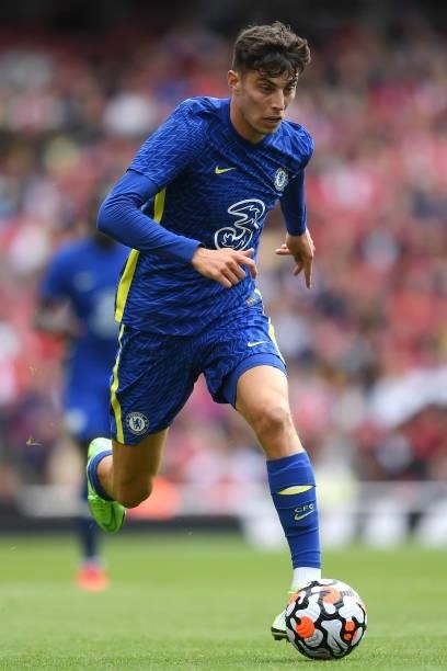 Kai Havertz of Chelsea runs with the ball during The Mind Series Pre-Season Friendly match between Arsenal and Chelsea at Emirates Stadium on August...