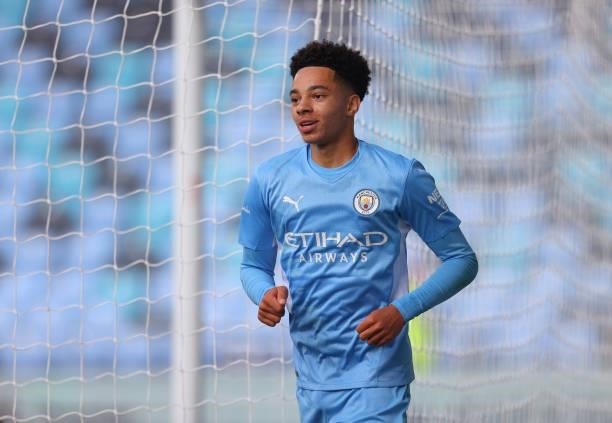 Samuel Edozie of Manchester City celebrates after scoring during the pre-season friendly match between Manchester City and Barnsley at Manchester...