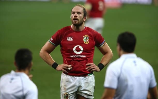 British & Irish Lions captain Alun Wyn Jones watches the replay on the big screen during a TMO decision during the second test between South Africa...