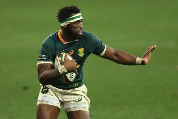 South Africa captain Siya Kolisi on the attack during the second test between South Africa and the British & Irish Lions at FNB Stadium on July 31,...
