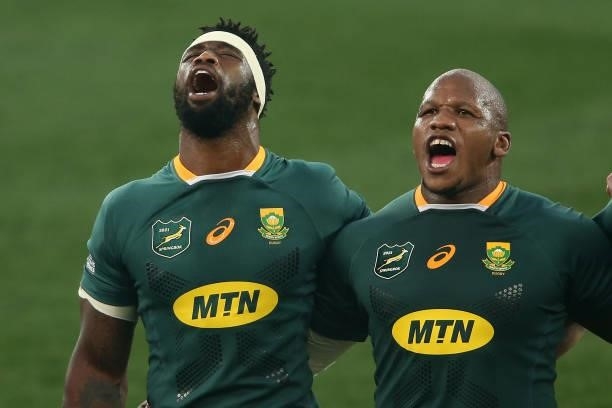 South Africa captain Siya Kolisi and Bongi Mbonambi sing the National Anthem before the second test between South Africa and the British & Irish...