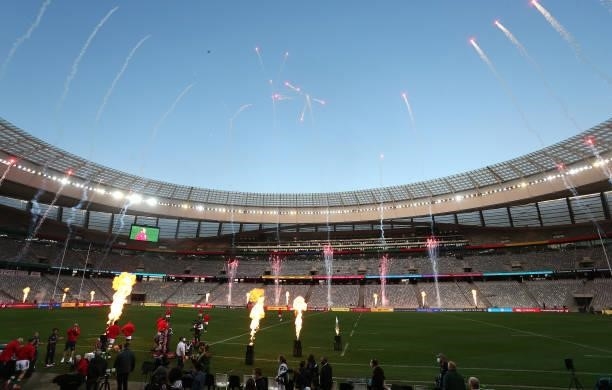 British & Irish Lions run out before the second test between South Africa and the British & Irish Lions at FNB Stadium on July 31, 2021 in...