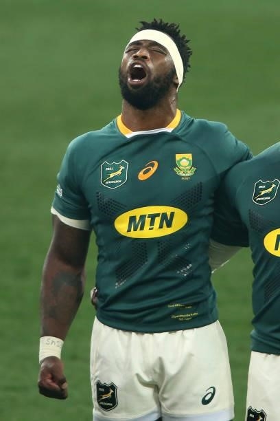South Africa captain Siya Kolisi sings the National Anthem before the second test between South Africa and the British & Irish Lions at FNB Stadium...