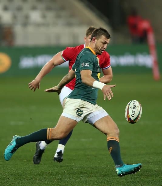 Handre Pollard of South Africa clears the ball during the second test between South Africa and the British & Irish Lions at FNB Stadium on July 31,...