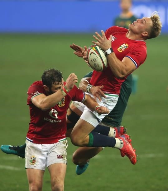 Duhan van der Merwe of the British & Irish Lions fumbles the high ball during the second test between South Africa and the British & Irish Lions at...