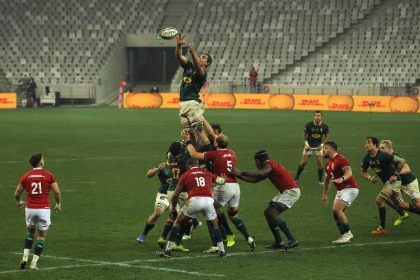 Eben Etzebeth of South Africa gets up high to win the line out ball during the second test between South Africa and the British & Irish Lions at FNB...