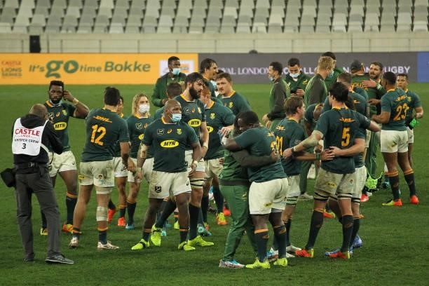 South Africa celebrate after beating the British & Irish Lions 27-9 at FNB Stadium on July 31, 2021 in Johannesburg, South Africa.