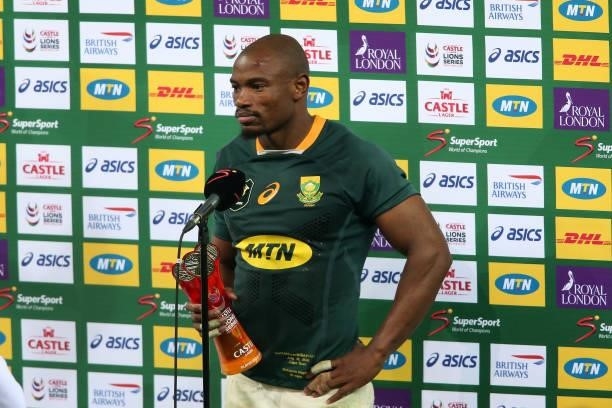 Man of the Match Makazole Mapimpi of South Africa is interviewed after the second test between South Africa and the British & Irish Lions at FNB...