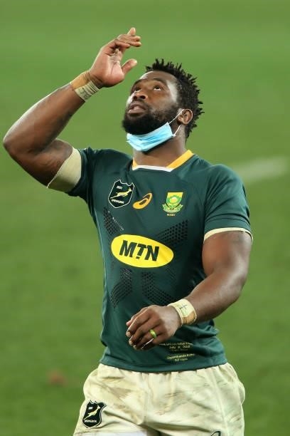 Relieved South Africa captain Siya Kolisi after South Africa beat British & Irish Lions 27-9 at FNB Stadium on July 31, 2021 in Johannesburg, South...