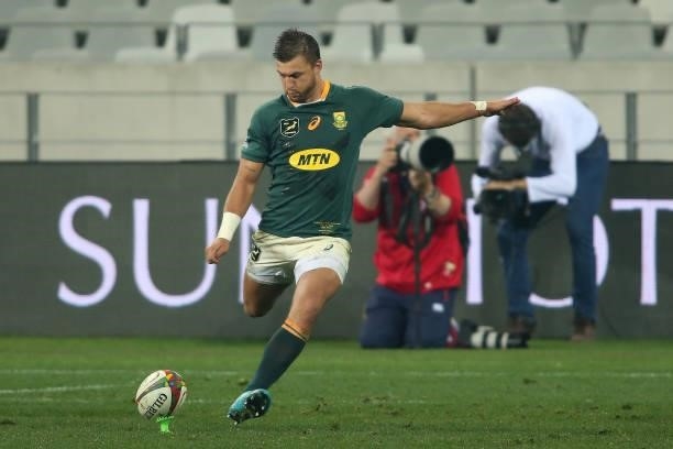 Handre Pollard of South Africa kicks a penalty during the second test between South Africa and the British & Irish Lions at FNB Stadium on July 31,...