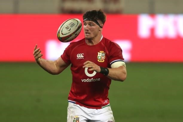 Tom Curry of the British & Irish Lions loses the ball during the second test between South Africa and the British & Irish Lions at FNB Stadium on...