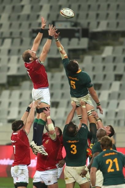 British & Irish Lions captain Alun Wyn Jones and Franco Mostert of South Africa challenge for the line out ball during the second test between South...