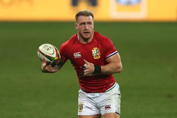Stuart Hogg of the British & Irish Lions juggles the ball during the second test between South Africa and the British & Irish Lions at FNB Stadium on...