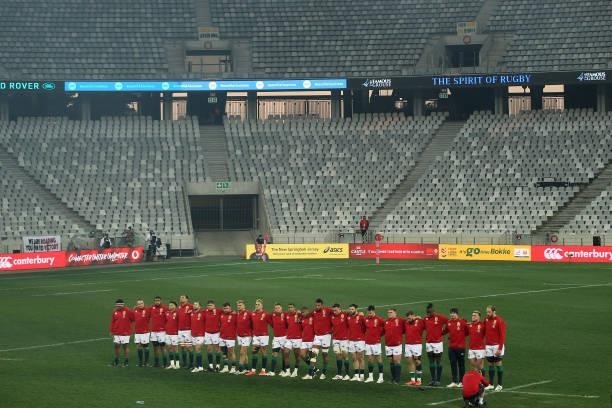 British & Irish Lions during the National anthem before the second test between South Africa and the British & Irish Lions at FNB Stadium on July 31,...