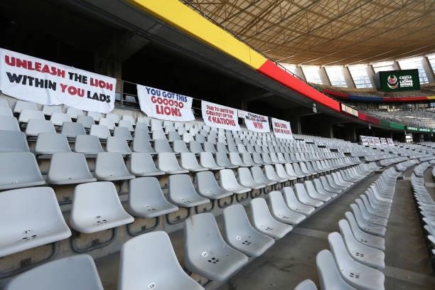 British & Irish Lions flags in the stands before the second test between South Africa and the British & Irish Lions at FNB Stadium on July 31, 2021...