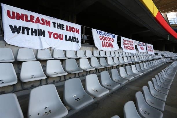 British & Irish Lions flags in the stands before the second test between South Africa and the British & Irish Lions at FNB Stadium on July 31, 2021...