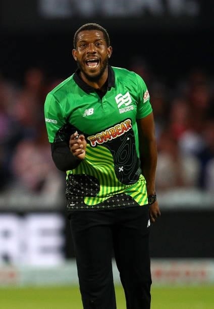 Chris Jordan of Southern Brave during The Hundred match between London Spirit Men and Southern Brave Men at Lord's Cricket Ground on August 01, 2021...