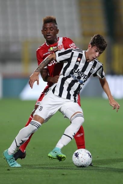 Jose Machin of AC Monza tussles with Matias Soule of Juventus during the Trofeo Berlusconi match between AC Monza and Juventus FC at Stadio Brianteo...
