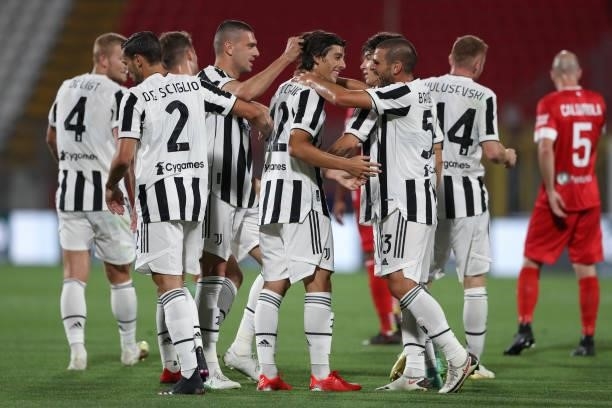 Filippo Ranocchia of Juventus celebrates with team mates after scoring to give the side a 1-0 lead during the Trofeo Berlusconi match between AC...