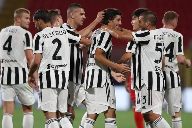 Filippo Ranocchia of Juventus celebrates with team mates after scoring to give the side a 1-0 lead during the Trofeo Berlusconi match between AC...