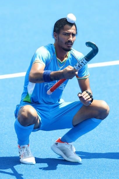 Dilpreet Singh of Team India looks on during warm ups prior to the Men's Semifinal match between India and Belgium on day eleven of the Tokyo 2020...