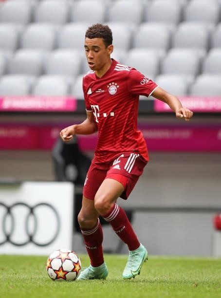 Jamal Musiala of FC Bayern Muenchen at Allianz Arena on July 31, 2021 in Munich, Germany.