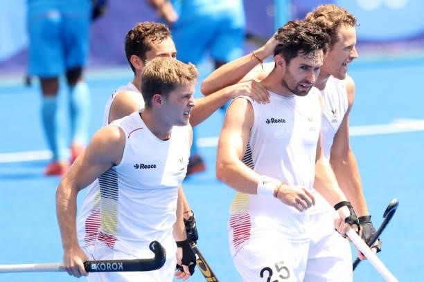Loick Fanny A Luypaert of Team Belgium celebrates scoring the first goal with Victor Nicky B Wegnez during the Men's Semifinal match between India...
