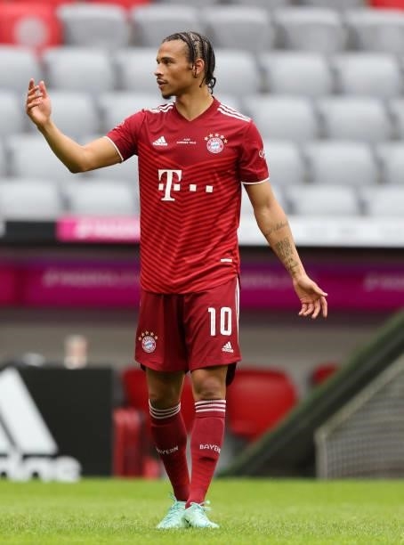 Leroy Sane of Bayern Muenchen reacts at Allianz Arena on July 31, 2021 in Munich, Germany.
