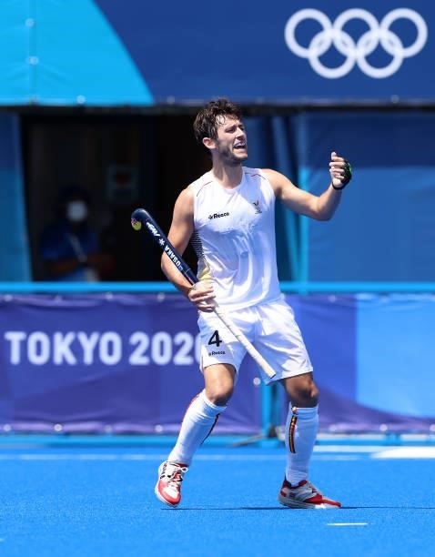 Arthur van Doren of Team Belgium reacts during the Men's Semifinal match between India and Belgium on day eleven of the Tokyo 2020 Olympic Games at...