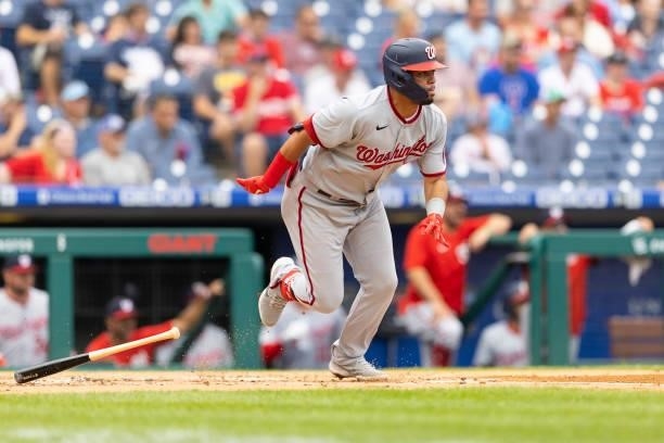 Luis Garcia of the Washington Nationals bats against the Philadelphia Phillies during Game One of the doubleheader at Citizens Bank Park on July 29,...