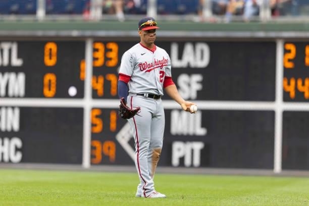 Juan Soto of the Washington Nationals reacts against the Philadelphia Phillies during Game One of the doubleheader at Citizens Bank Park on July 29,...