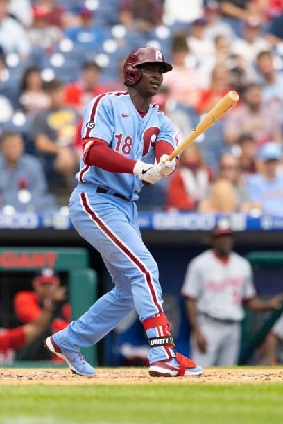 Didi Gregorius of the Philadelphia Phillies bats against the Washington Nationals during Game One of the doubleheader at Citizens Bank Park on July...