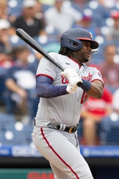 Josh Bell of the Washington Nationals bats against the Philadelphia Phillies during Game One of the doubleheader at Citizens Bank Park on July 29,...