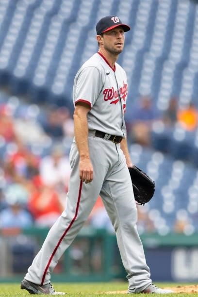 Max Scherzer of the Washington Nationals looks on against the Philadelphia Phillies during Game One of the doubleheader at Citizens Bank Park on July...