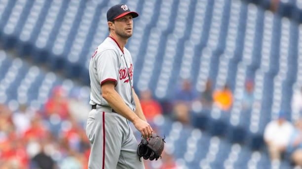 Max Scherzer of the Washington Nationals looks on against the Philadelphia Phillies during Game One of the doubleheader at Citizens Bank Park on July...