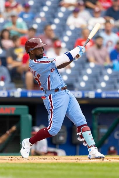 Andrew McCutchen of the Philadelphia Phillies bats against the Washington Nationals during Game One of the doubleheader at Citizens Bank Park on July...