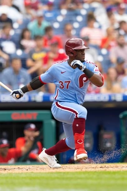 Odubel Herrera of the Philadelphia Phillies bats against the Washington Nationals during Game One of the doubleheader at Citizens Bank Park on July...
