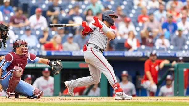 Luis Garcia of the Washington Nationals bats against the Philadelphia Phillies during Game One of the doubleheader at Citizens Bank Park on July 29,...