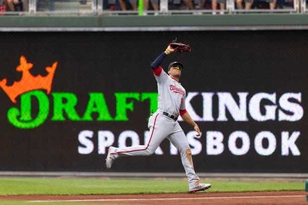 Juan Soto of the Washington Nationals catches the ball against the Philadelphia Phillies during Game One of the doubleheader at Citizens Bank Park on...