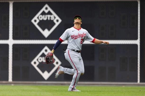 Juan Soto of the Washington Nationals in action against the Philadelphia Phillies during Game One of the doubleheader at Citizens Bank Park on July...
