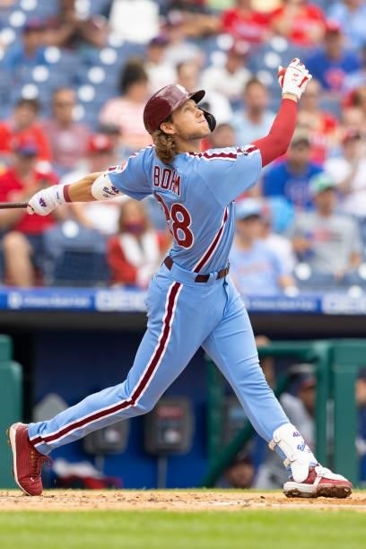Alec Bohm of the Philadelphia Phillies bats against the Washington Nationals during Game One of the doubleheader at Citizens Bank Park on July 29,...
